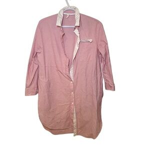 Pink White Seersucker Striped Swim Cover Up Button Down Shirt Dress Cotton M